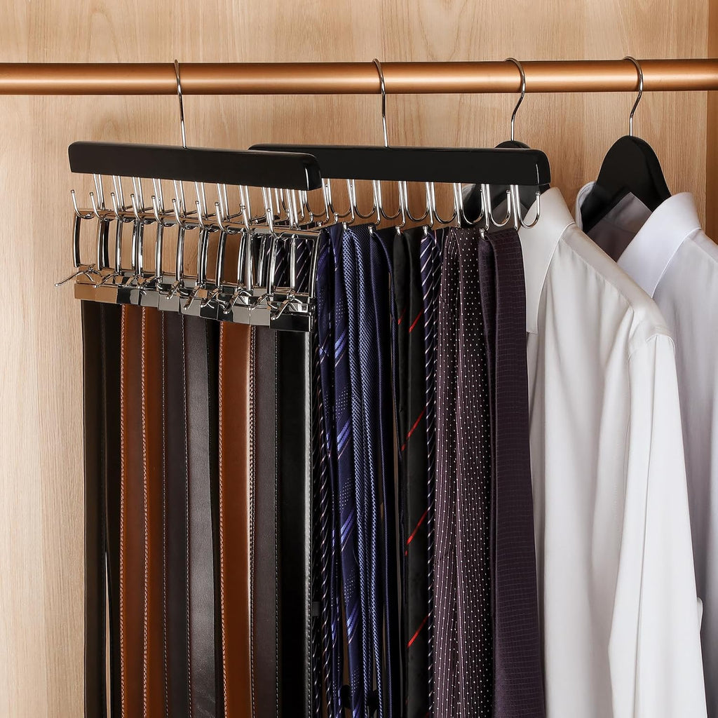 Topia Hanger 20 Hooks 2 In 1 Belt Tie Hanger For Closet Max 30 Belts With 30 Ties Capacity, Belt Tie Racks Wooden Hanger For Closet Organizer Storage “U” Fit For Belt And “一” Fit For Tie - Ct47B