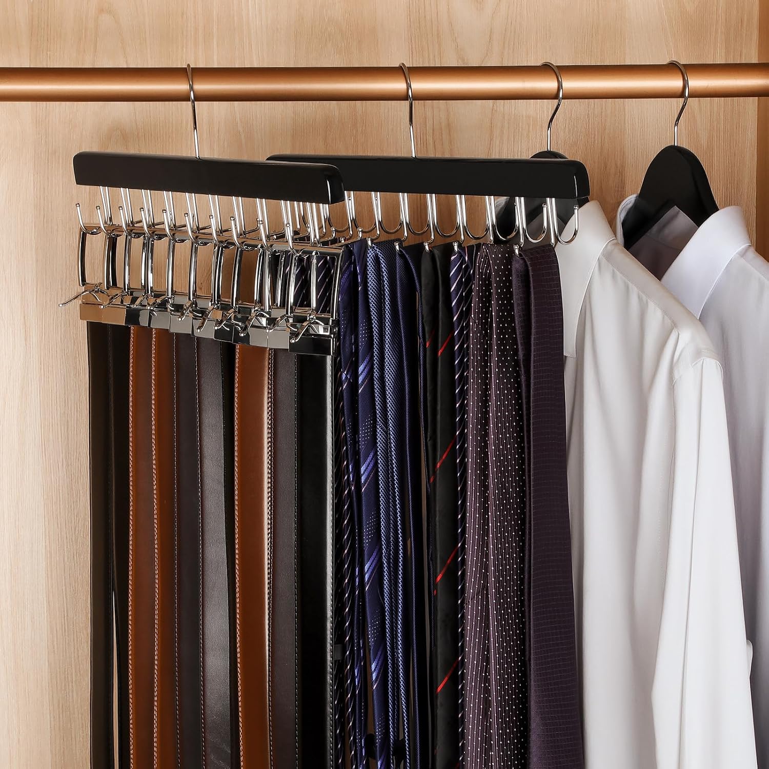Topia Hanger 20 Hooks 2 In 1 Belt Tie Hanger For Closet Max 30 Belts With 30 Ties Capacity, Belt Tie Racks Wooden Hanger For Closet Organizer Storage “U” Fit For Belt And “一” Fit For Tie - Ct47B