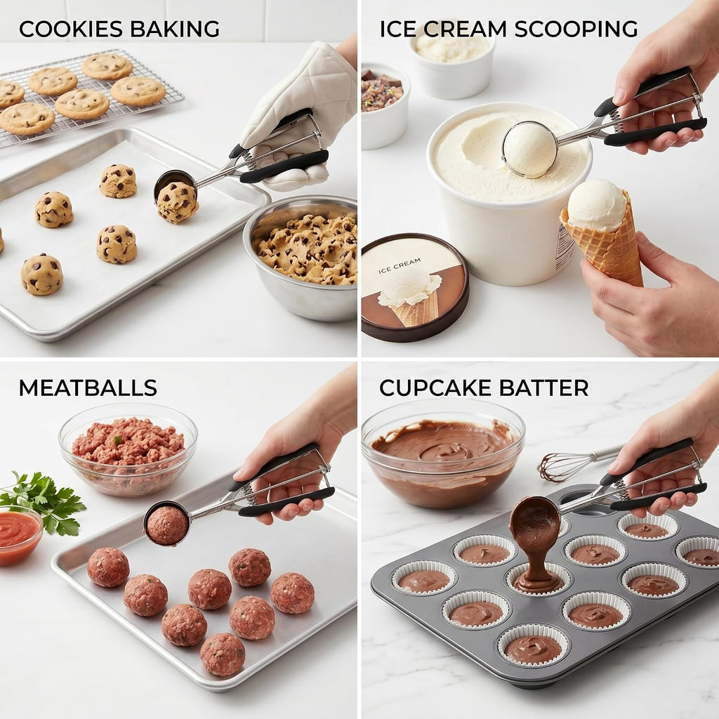 Cookie Scoop Set, 3Pcs Ice Cream Scoop, Cookie Scoops For Baking Set Of 3, 18/8 Stainless Steel Cookie Scooper For Baking, Ice Cream Scooper With Trigger Release, Cookie Dough Scoop With Non-Slip Grip