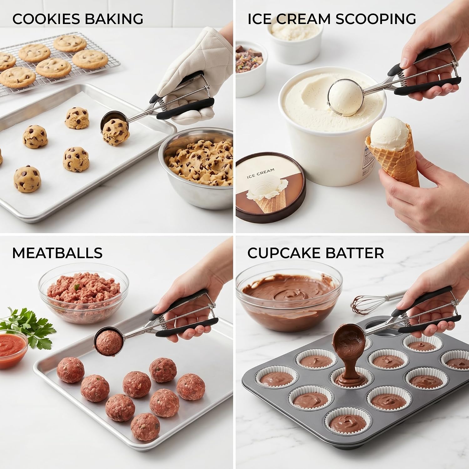 Cookie Scoop Set, 3Pcs Ice Cream Scoop, Cookie Scoops For Baking Set Of 3, 18/8 Stainless Steel Cookie Scooper For Baking, Ice Cream Scooper With Trigger Release, Cookie Dough Scoop With Non-Slip Grip
