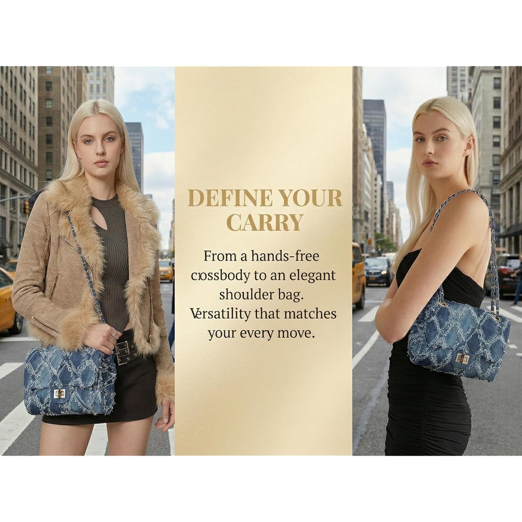 Women Small Shoulder Bags Quilted Crossbody Distressed Jean Denim Purse Evening Bag Clutch Handbag | Distressed Denim, Chic Chain Strap, Secure Twist-Lock, Multiple Pockets, Versatile Wear