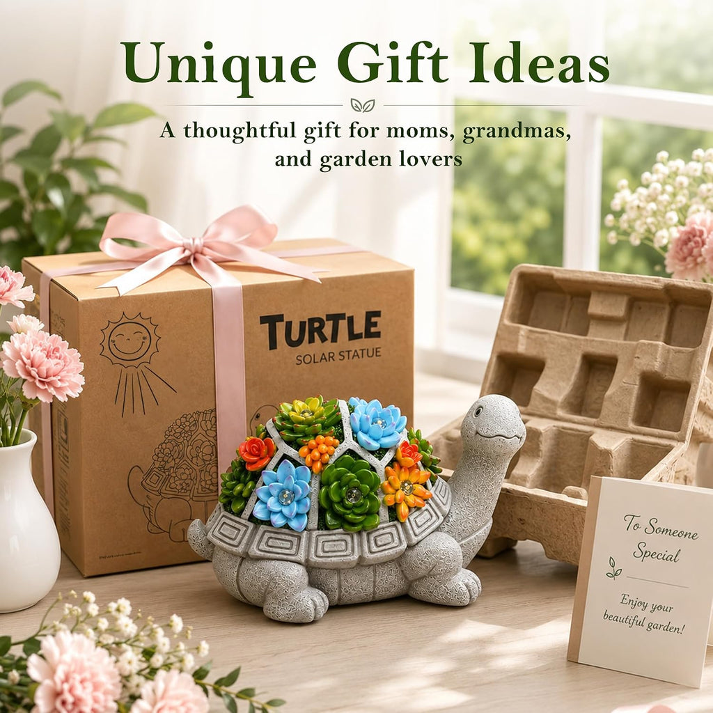 Solar Garden Outdoor Statues Turtle With Succulent And 7 Led Lights - Lawn Decor Statue For Patio, Balcony, Yard Ornament - Gifts For Mom Grandma Women