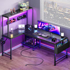 L Shaped Gaming Desk With Led Lights & Power Outlets, Reversible Computer Desk With Storage Shelves & Bag, Large Corner Home Office Desk With Pegboard For Work From Home, Black