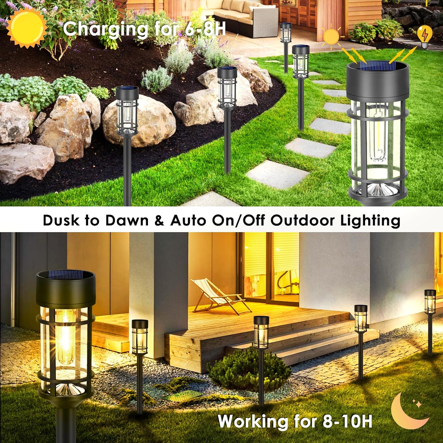 Solar Pathway Lights, 8 Pack Led Solar Lights Outdoor Waterproof, Glass Metal Garden Lighting For Yard Path Landscape Lawn Walkway Driveway, 3000K