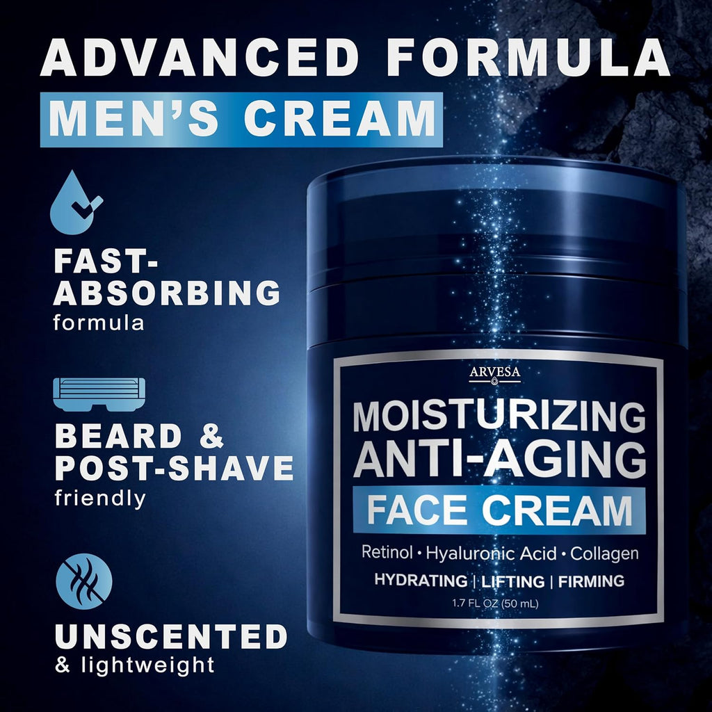 Mens Face Moisturizer Cream - Anti Aging Cream With Retinol, Collagen & Hyaluronic Acid Lightweight After Shave Lotion For Men - Hydrating, Firming & Wrinkle Repair - Day & Night Facial Men Skin Care