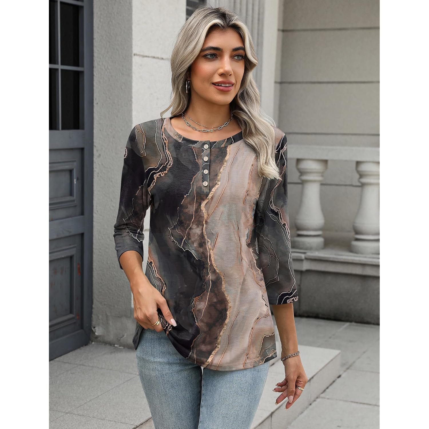 Zeagoo 3/4 Length Sleeve Women Tops Crew Neck Blouses Dressy Casual Summer T Shirts Loose Fit Business Work Clothes