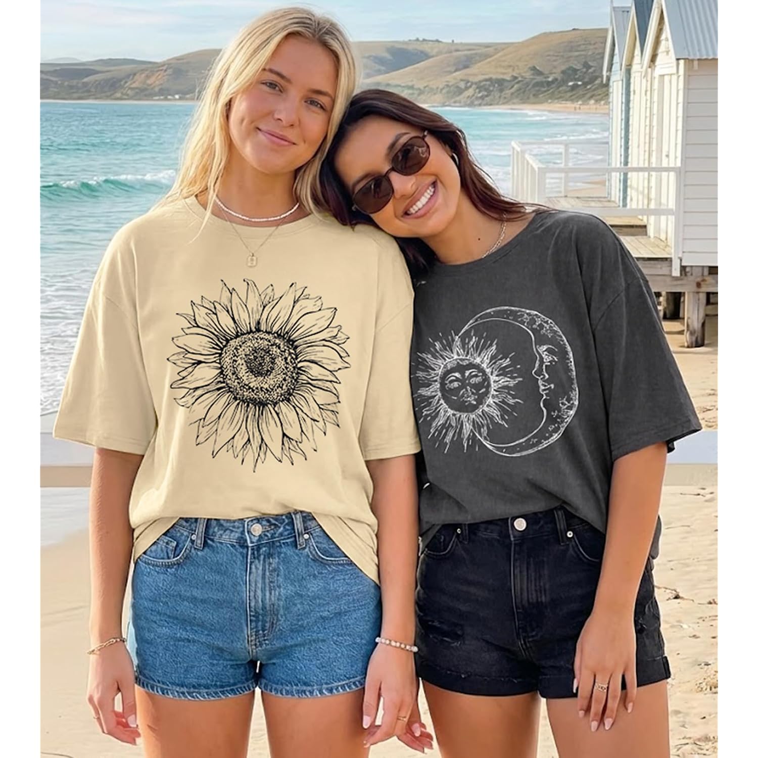 Womens Oversized Tshirt Graphic Tees Crew Neck Summer Short Sleeve Loose Fit Tops 2026 A-sunflower Print Khaki