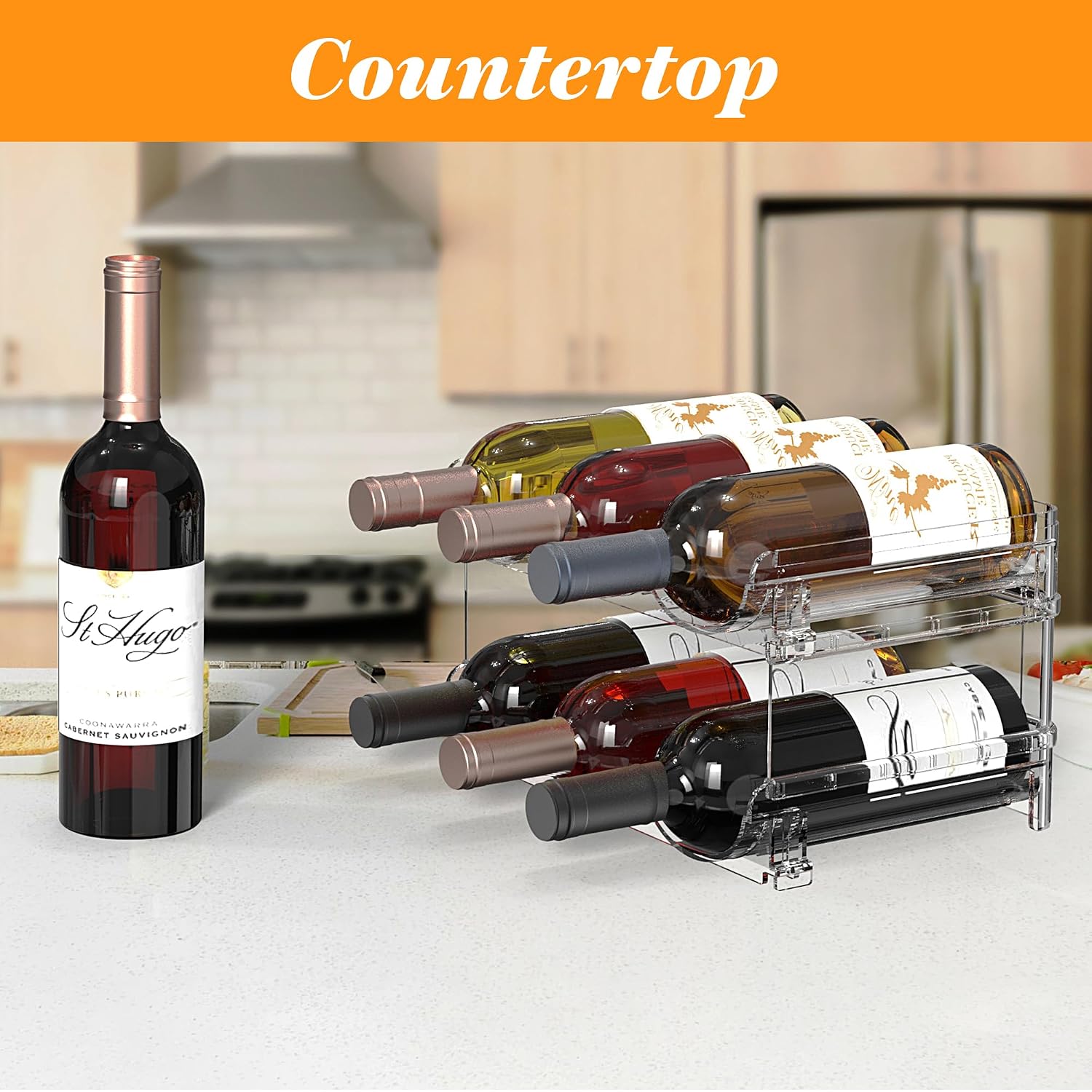 Plastic Stackable Wine Rack For Refrigerator, 2 Tier Large Capacity Water Bottle Organizer For Cabinet, Free-Standing Water Bottle Storage Rack For Fridge, Countertop, Pantry, Freezer, Hold 6 Bottles