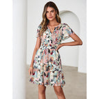 Simplee Women 2026 Floral Summer Short Dress Short Sleeves V Neck Chiffon A-Line Casual Flowy Boho Mini Dresses