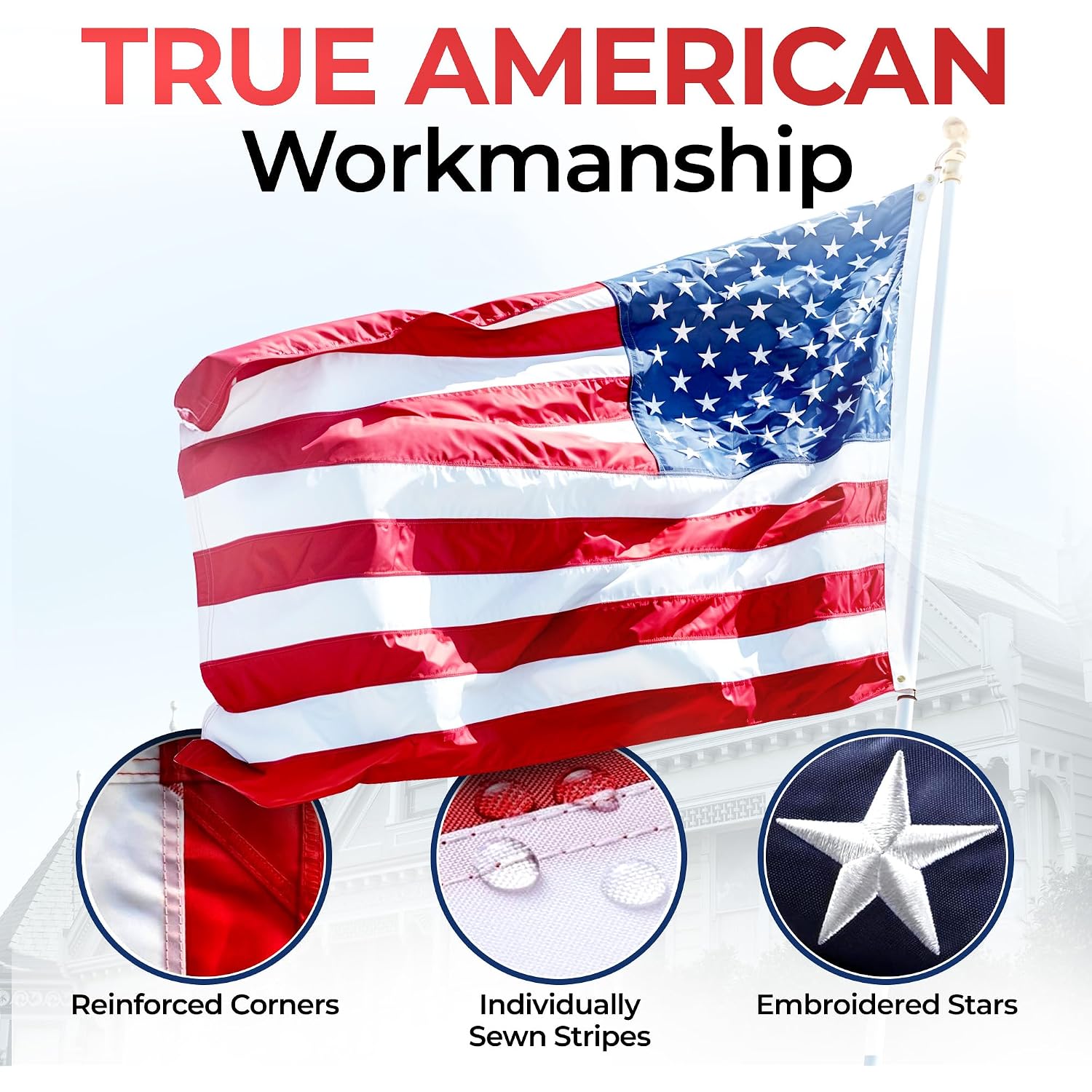 American Flag For Outside 3X5 Heavy Duty, Embroidered Stars, Sewn Stripes | Made In Usa, Uv Protection, Reinforced Material, Brass Grommets, Weather Resistant Us Flag For Outdoor Home, Patio