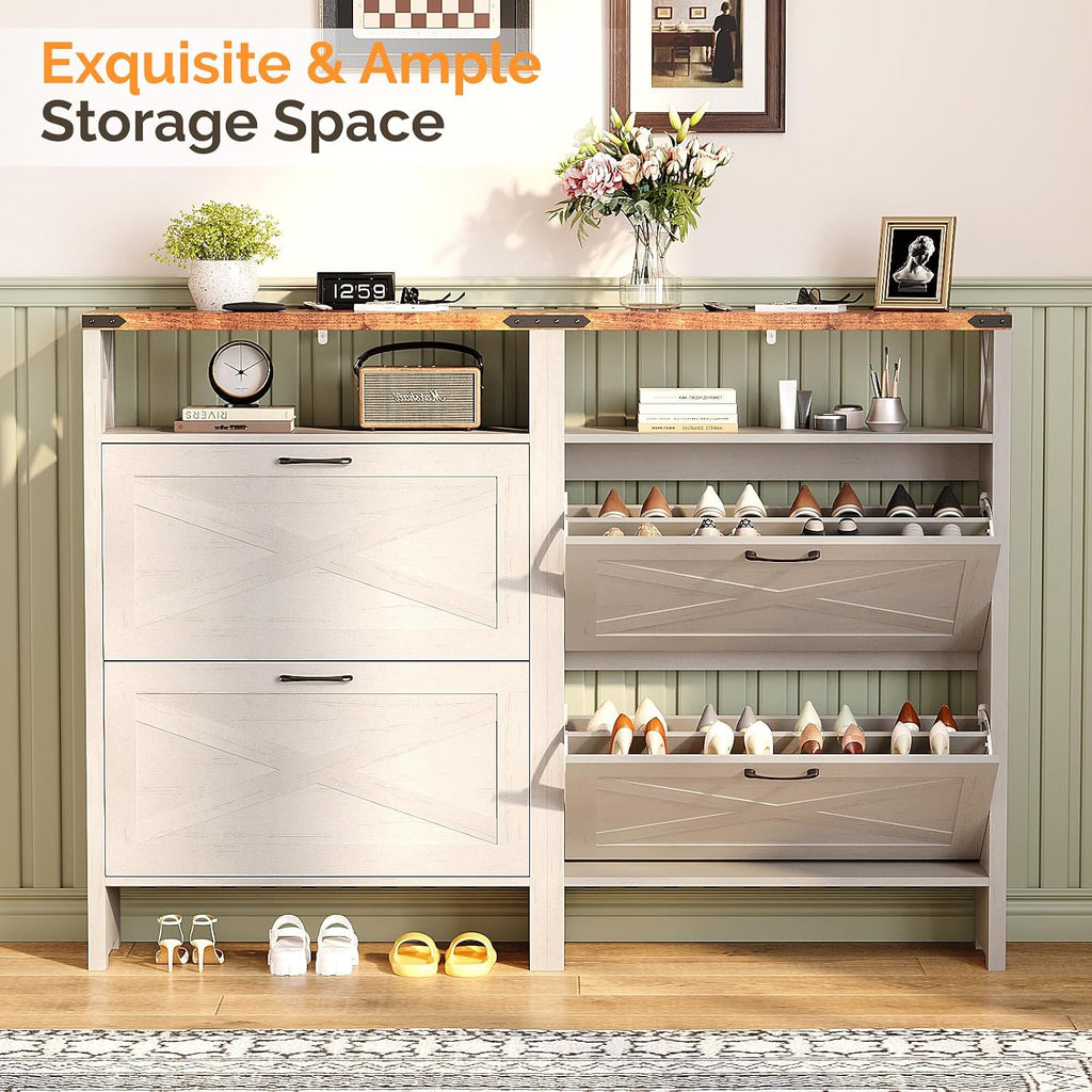 Vingli Farmhouse Shoe Cabinet With 2 Flip Drawers, Slim Entryway Shoe Storage Organizer With Open Shelf, Freestanding Wood Shoe Rack For Hallway, Rustic White & Brown (31.5" W)