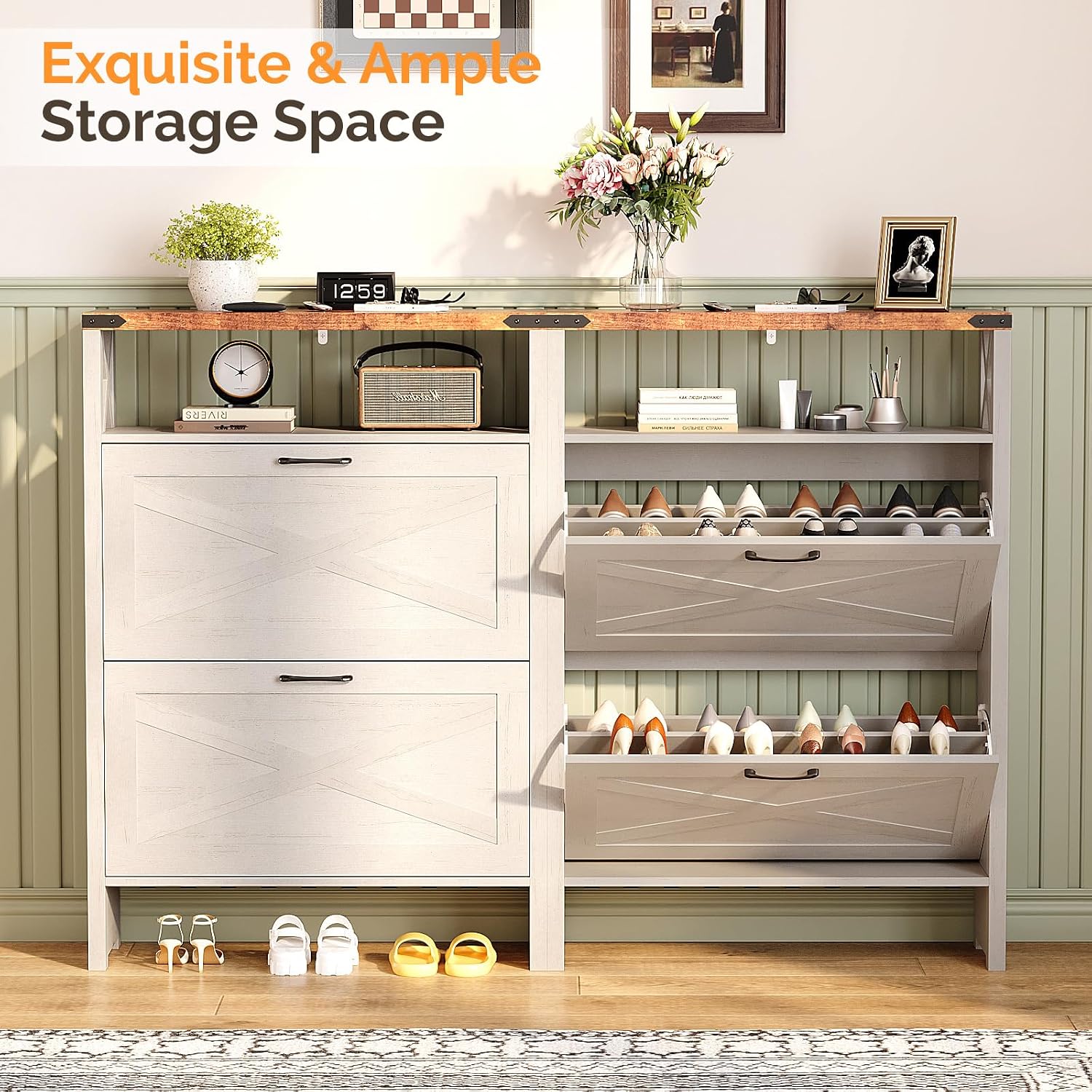 Vingli Farmhouse Shoe Cabinet With 2 Flip Drawers, Slim Entryway Shoe Storage Organizer With Open Shelf, Freestanding Wood Shoe Rack For Hallway, Rustic White & Brown (31.5" W)