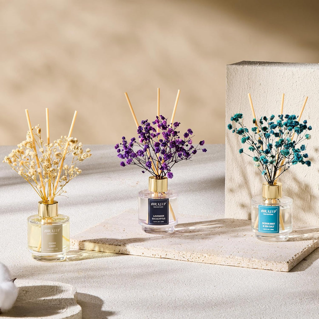 Reed Diffuser Set Of 3,Clean Linen Ocean Mist&Sea Salt Lavender Eucalyptus Oil Reed Diffusers For Bedroom Living Room Office Aromatherapy Oil Reed Diffuser For Gift 50Ml X 3