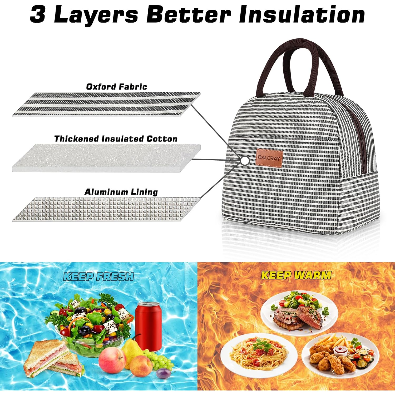 Lunch Bag For Women Men Insulated Lunch Box For Adult Reusable Lunch Tote Bag For Work, Picnic Or Travel(Black White Stripes)