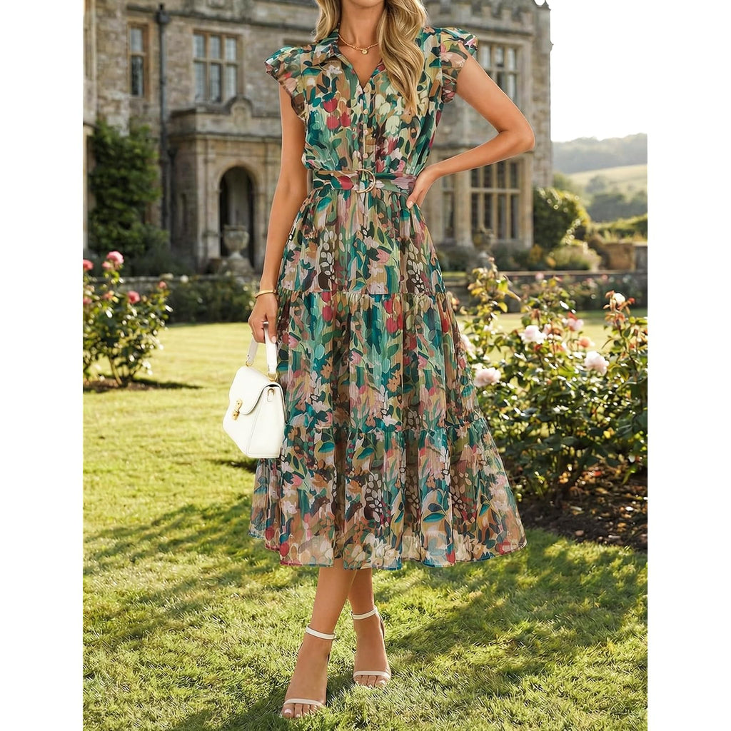 Zesica Women'S Summer Floral Midi Dress 2026 Casual Flutter Short Sleeve Chiffon Button Down Wedding Guest Party Dresses