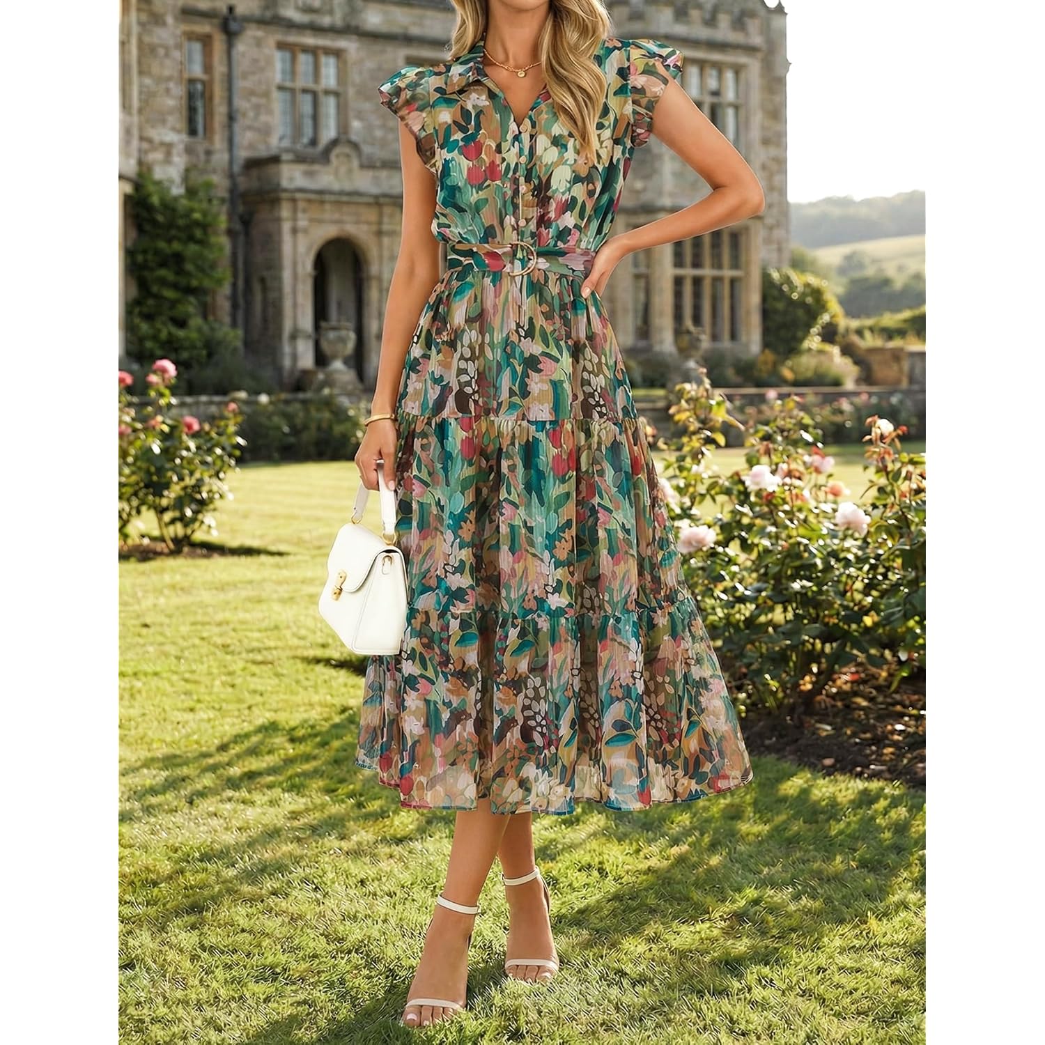 Zesica Women'S Summer Floral Midi Dress 2026 Casual Flutter Short Sleeve Chiffon Button Down Wedding Guest Party Dresses