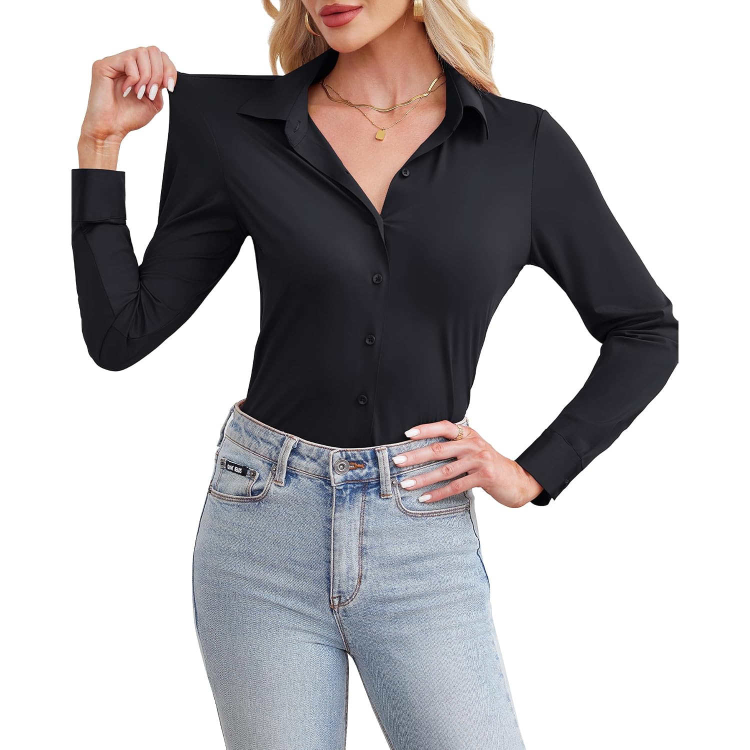 Siliteelon Button Down Shirts For Women Stretch Long Sleeve Fitted Business Casual Collar Tops Work Wrinkle Free