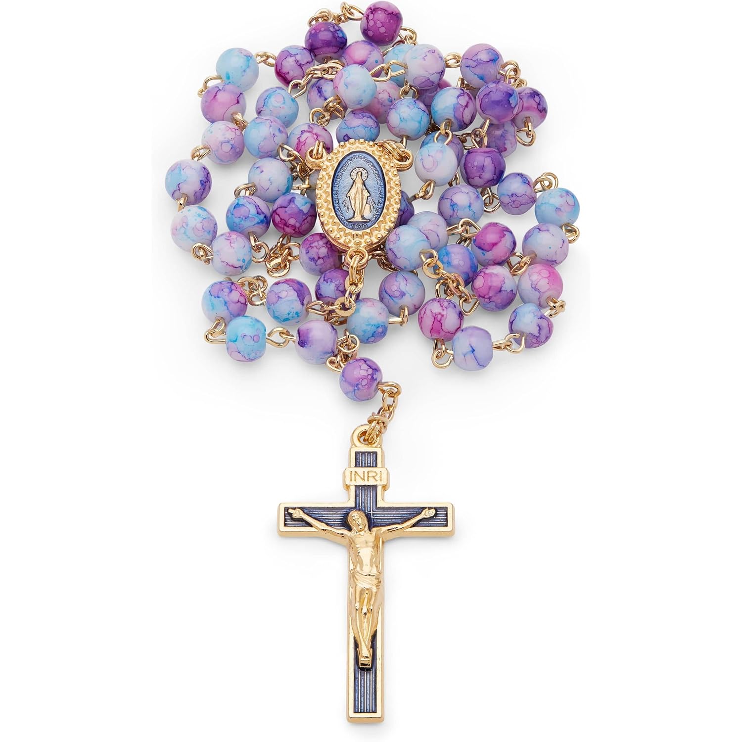 Mondo Cattolico Rosary Beads catholic for Women and Men from Vatican, Miraculous Virgin Rosary with Variegated Glass on a Gold Plated Brass Chain - Perfect Catholic gifts