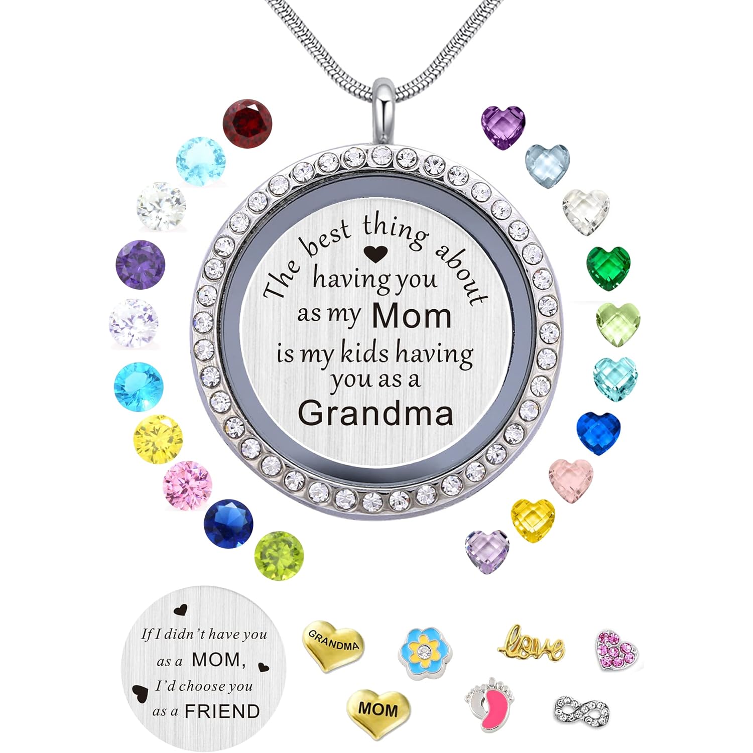 Best Gift Floating Charm Living Memory Lockets with Birthstone, 30mm Stainless Steel Necklace