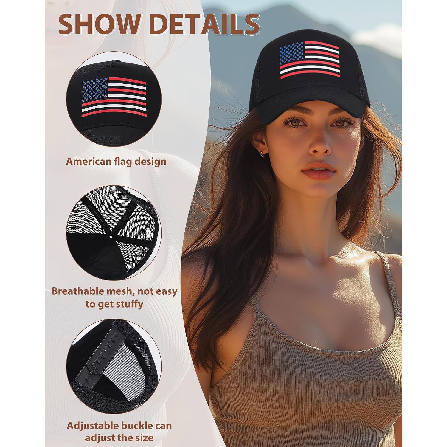 American Flag Hat Patriotic Baseball Cap - USA Flag Trucker Hat for Men & Women, Breathable Mesh Adjustable Sun Hat Black+red