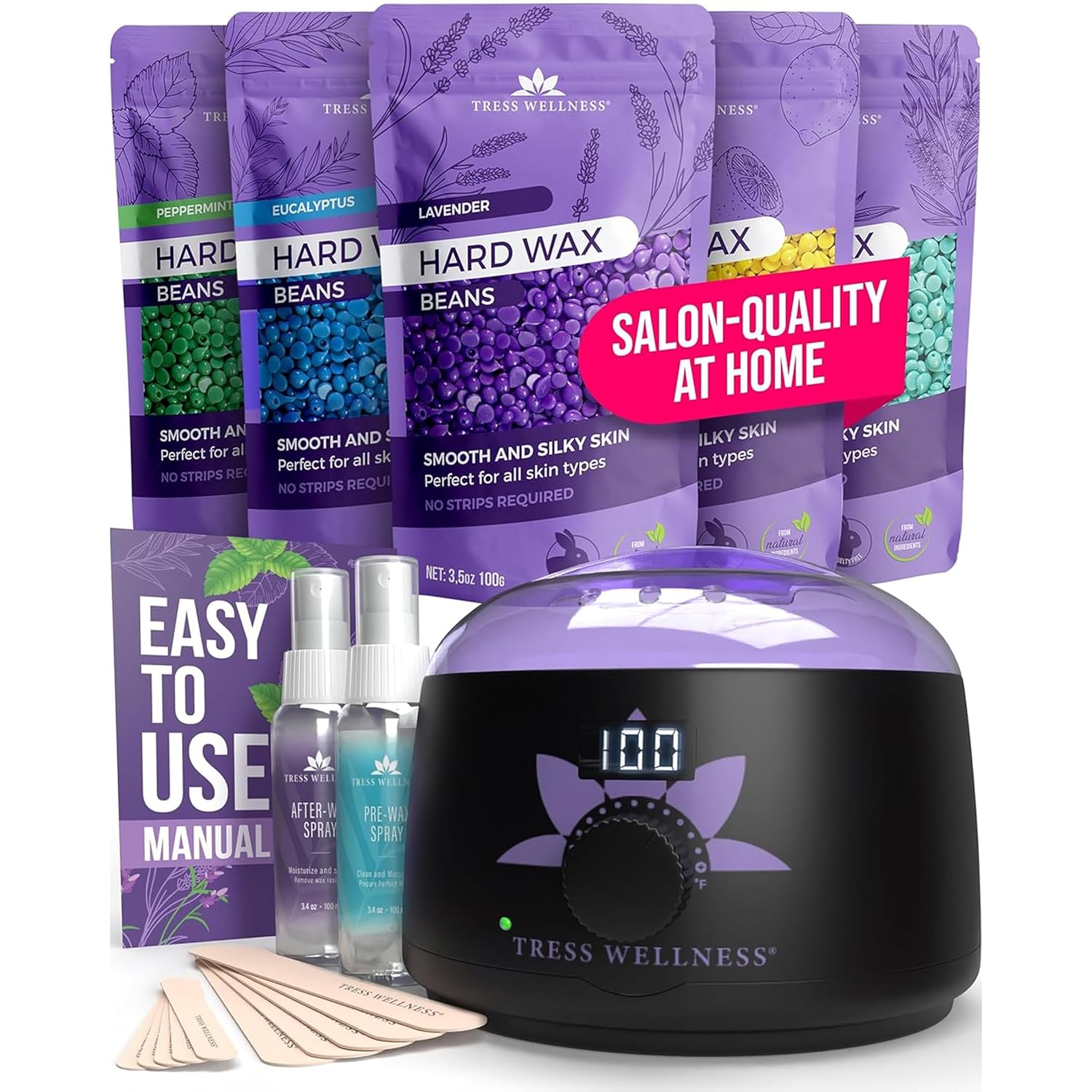 Tress Wellness Waxing Kit for Sensitive Skin, Safe for Face & Skin, Prep & Aftercare Spray, Easy to Use, At-Home Kit for Face, Bikini, Brazilian & Full Body - Digital Display, Black Purple Flower