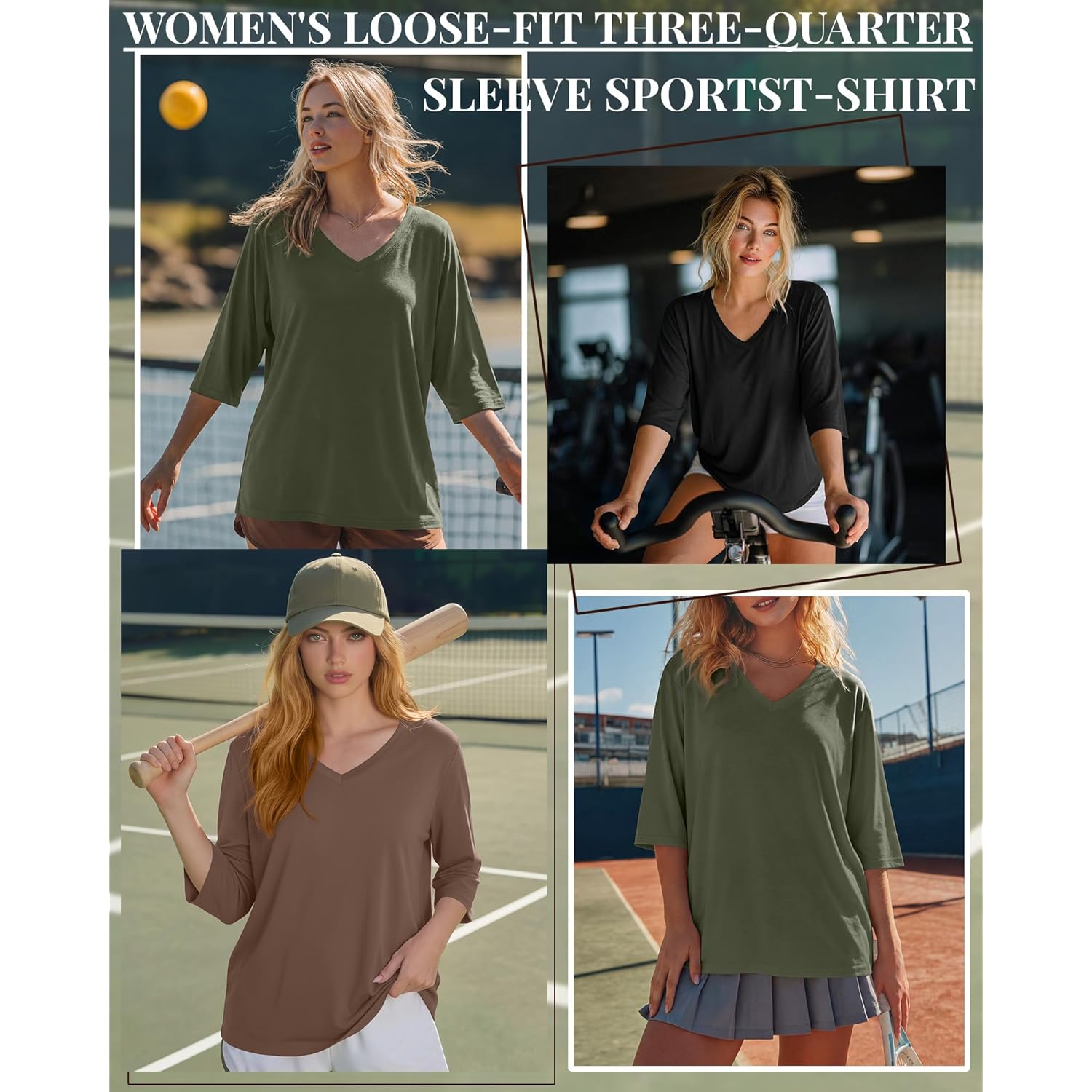 3 Pack Oversized 3/4 Length Sleeve Tops for Women Dressy Casual V Neck Basic Tees Loose Fit Cotton T Shirts