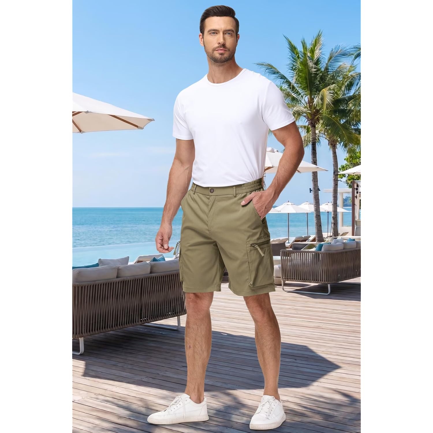 Qpngrp Men'S 9" Inseam Stretch Waist Zipper Cargo Shorts With 6 Pockets
