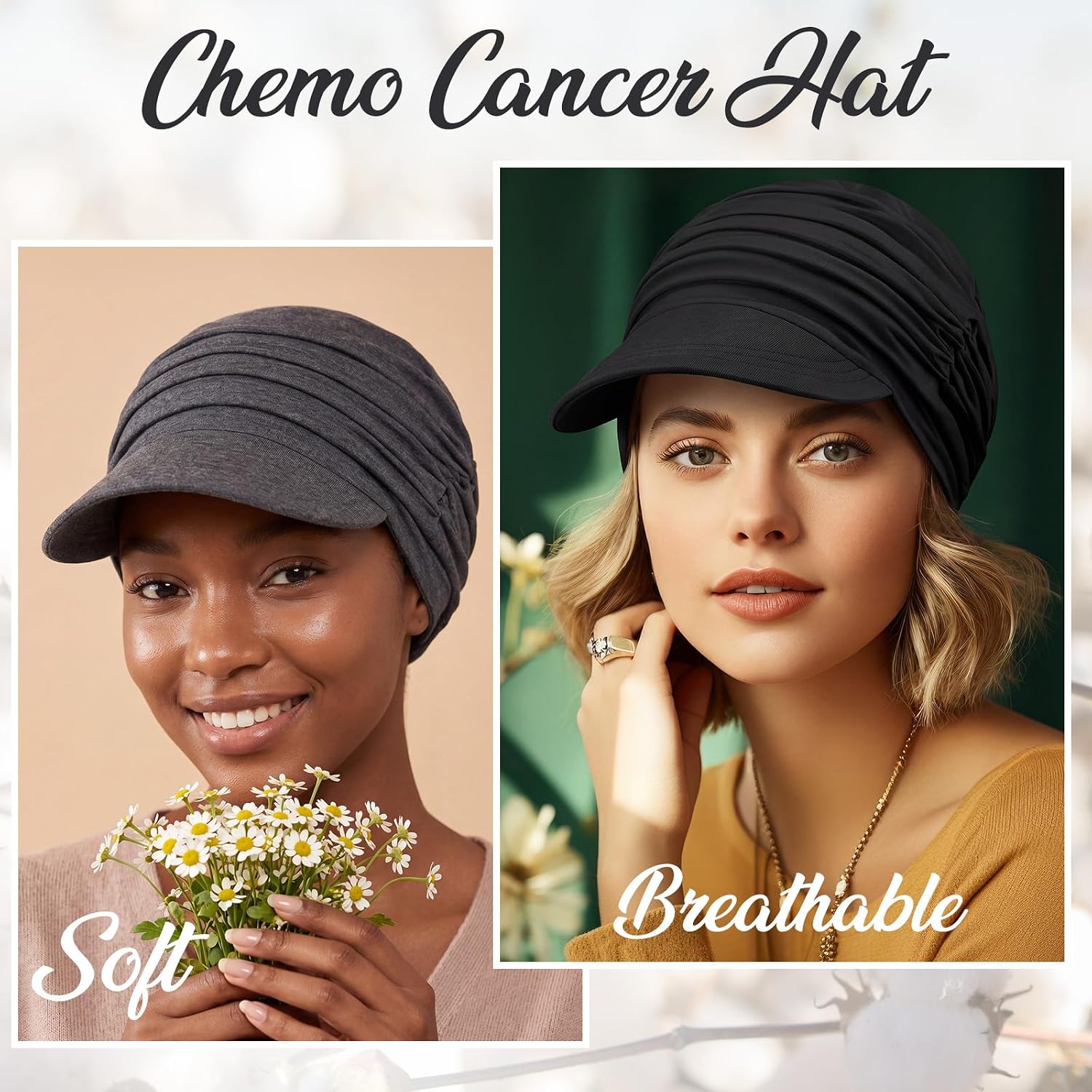 6 Pcs Chemo Cancer Hat for Women Breathable Bamboo Newsboy Baseball Cap Soft Headwear for Cancer Patient Hair Loss Black,dark Grey
