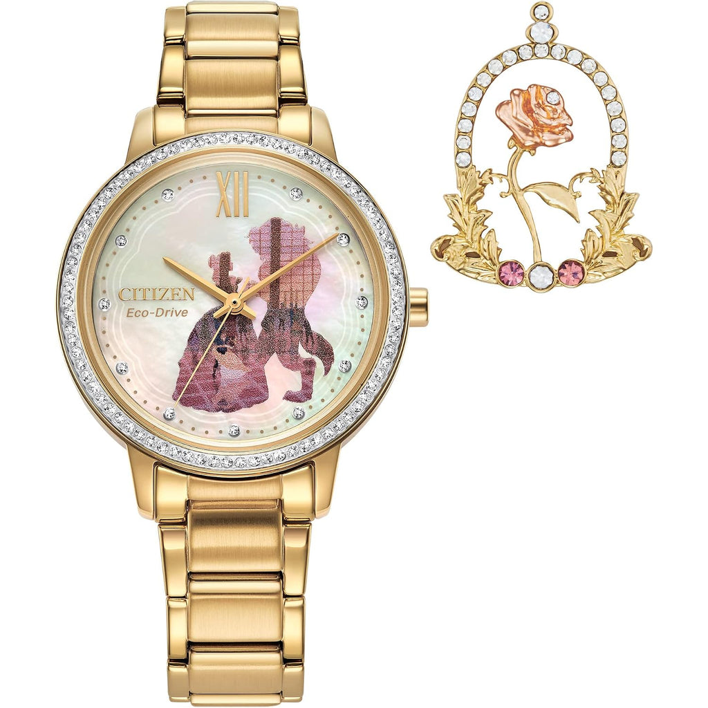 Citizen Women'S Eco-Drive Disney Princess Belle Crystal Watch And Pin Gift Set In Gold Tone Stainless Steel, Beauty And The Beast Mother Of Pearl Dial (Model: Fe7048-51D)