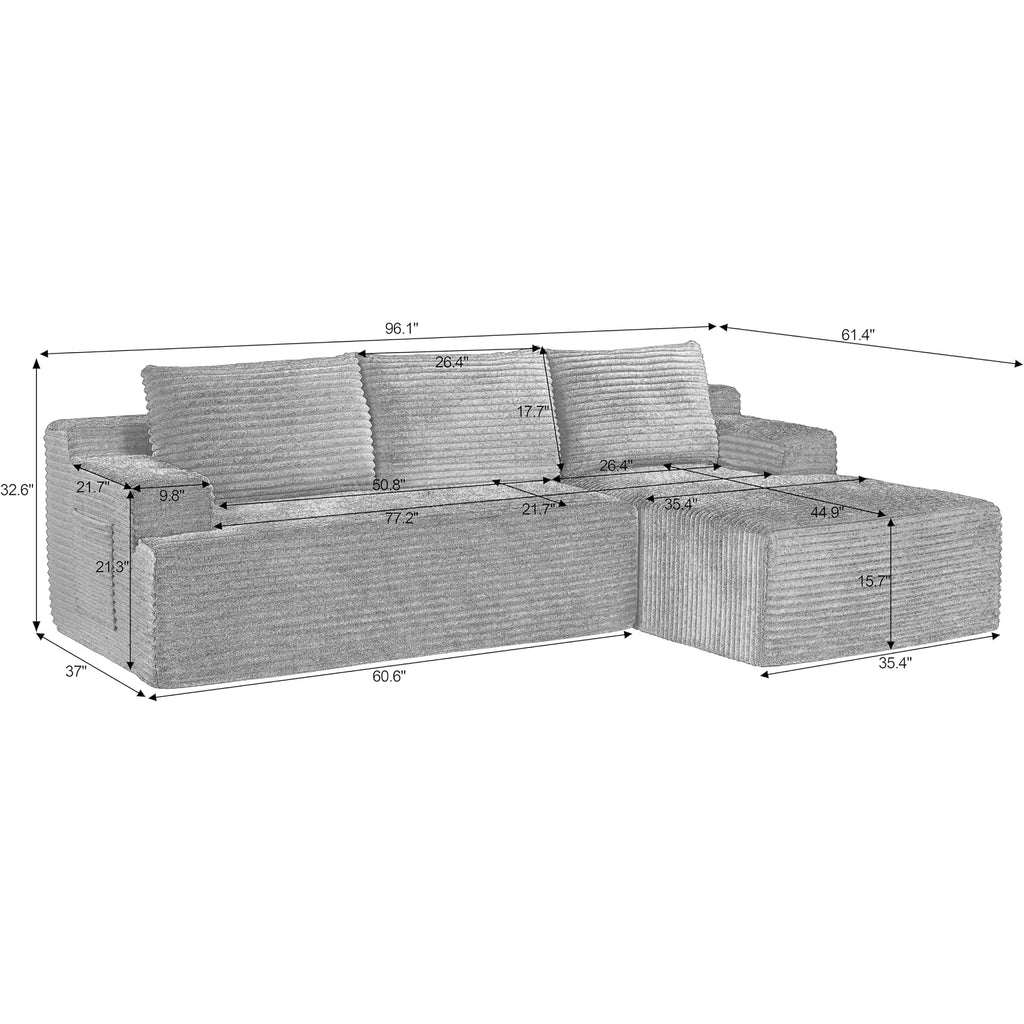 96" L Shaped Sectional Sofa Boneless Cloud Couch For Living Room - Corduroy Memory Foam Modular Sofa Compression Couches With Deep Seat For Living Room Bedroom, No Assembly