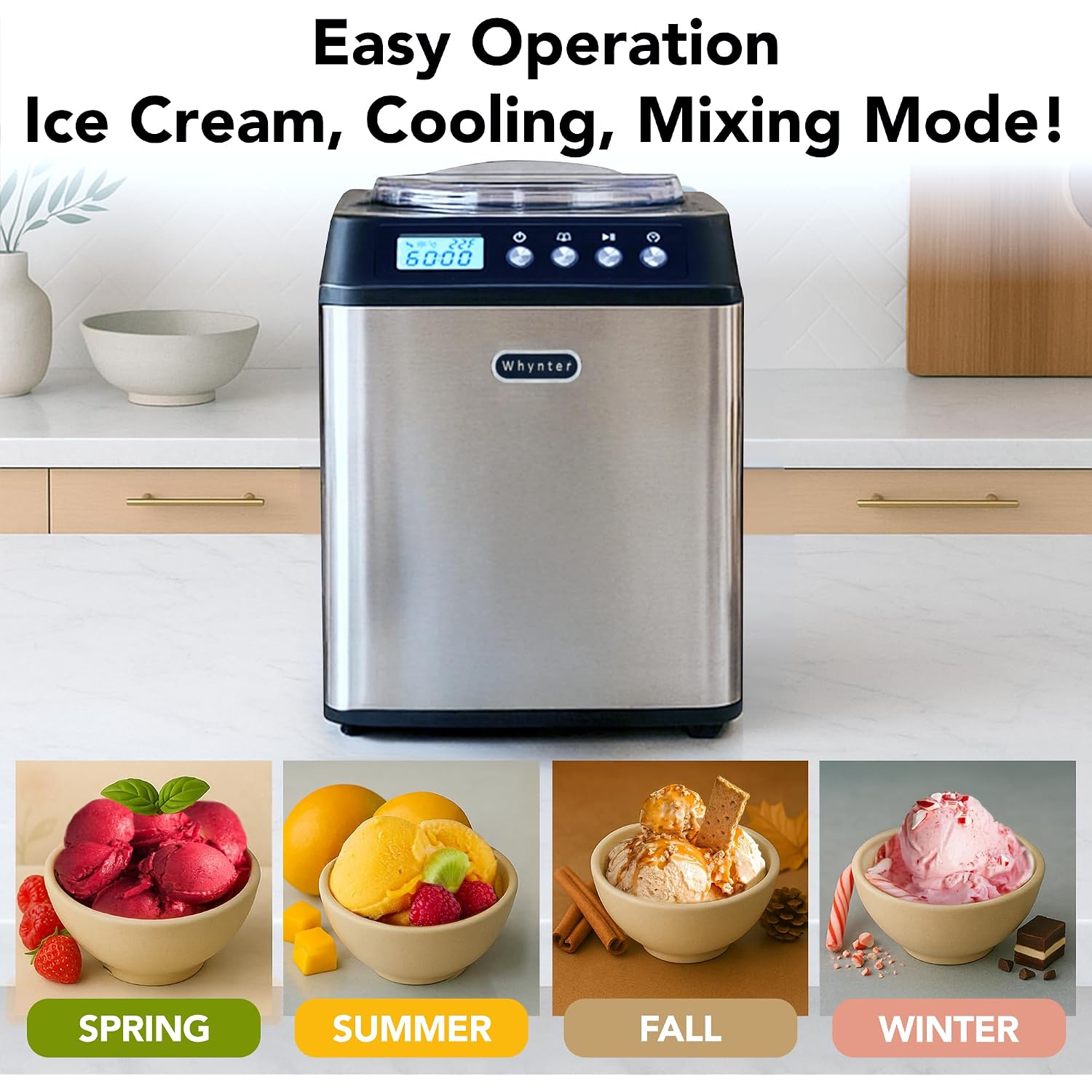 Whynter Ice Cream Maker Machine Automatic 2.1 Qt. Upright With Built-In Compressor, Lcd Digital Display & Timer, No Pre-Freezing, Icm-201Sb, Stainless Steel