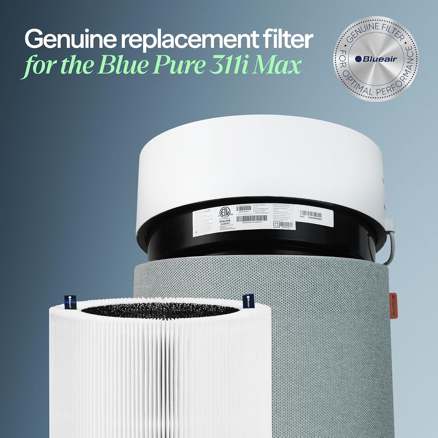 Blueair Genuine Blue Pure F3Max Replacement Filter For 311I Max Air Purifiers - Aham Certified, Hepasilent Dual Filtration, Removes 99.97% Of Particles & Odors, Genuine Carbon Filter