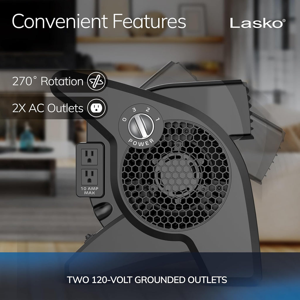 Lasko High Velocity Fan, 15", 375 Cfm, Professional Utility Pivoting Blower Fan With 3 Speeds, 2 Accessory Outlets, 120V, Black, Model U15617
