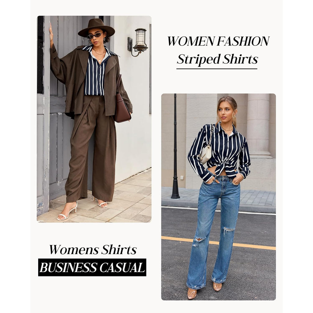 Siliteelon Button Down Shirts For Women Striped Long Sleeve Oversized Boyfriend Blouses Collared Work Drop Shoulder Tops