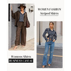 Siliteelon Button Down Shirts For Women Striped Long Sleeve Oversized Boyfriend Blouses Collared Work Drop Shoulder Tops