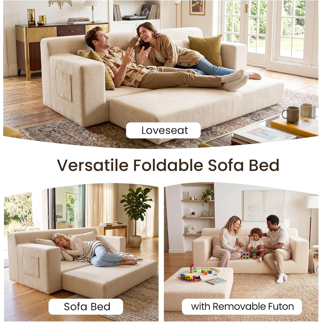 71" Boneless Loveseat Couch,Chenille Pullout Futon Couch,4 In 1 Folding 3 Seater Sofa Bed For Living Room,Boneless Cloud Couch With Storage Pocket & 2 Pillows,Beige