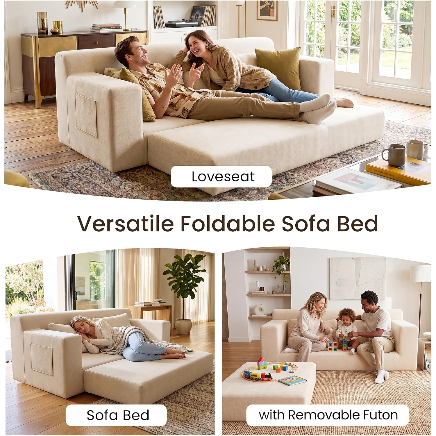 71" Boneless Loveseat Couch,Chenille Pullout Futon Couch,4 In 1 Folding 3 Seater Sofa Bed For Living Room,Boneless Cloud Couch With Storage Pocket & 2 Pillows,Beige