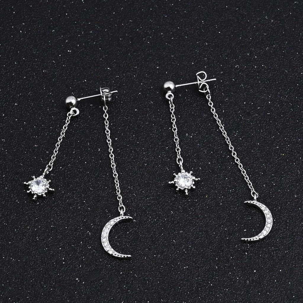 Moon and Star Dangle Earrings for Women Chain Tassel with Cubic Zirconia Drop Celestial Jewelry for Wedding Gift