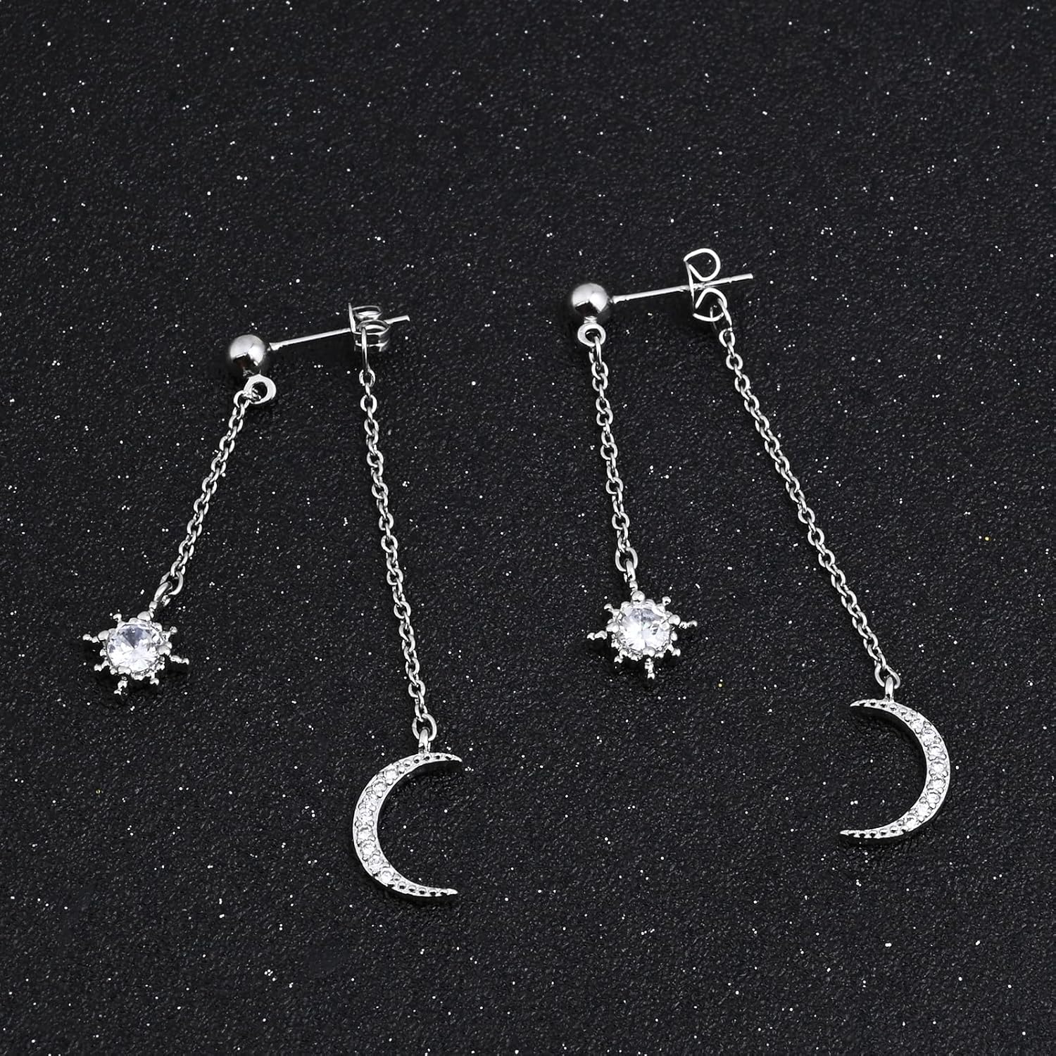 Moon and Star Dangle Earrings for Women Chain Tassel with Cubic Zirconia Drop Celestial Jewelry for Wedding Gift