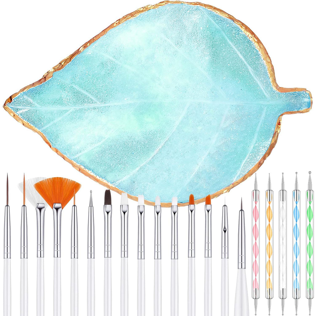 21 Pieces Nail Art Tools Kit, Resin Nail Art Palette Leaf Shape Mixing Palette and 20 Pcs Detail Brushes with Golden Edge Resin Holder Gel Polish Colors Mixing Pallet(Blue)