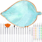 21 Pieces Nail Art Tools Kit, Resin Nail Art Palette Leaf Shape Mixing Palette and 20 Pcs Detail Brushes with Golden Edge Resin Holder Gel Polish Colors Mixing Pallet(Blue)