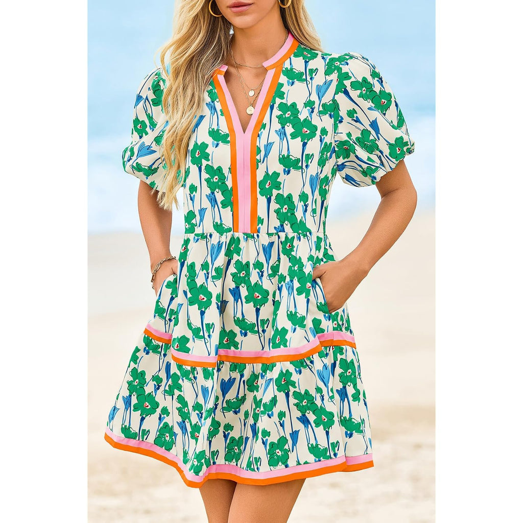 Cicy Bell Womens V Neck Floral Mini Dress Short Puff Sleeve Patchwork Summer Casual Boho Dresses