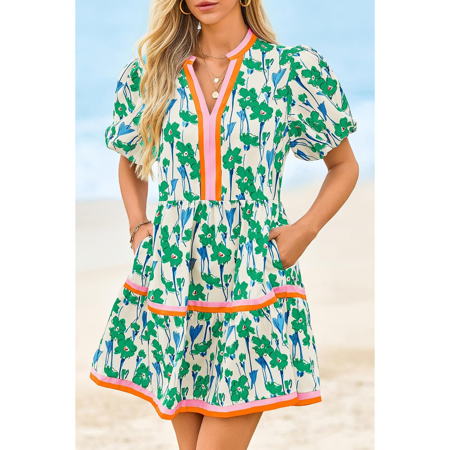 Cicy Bell Womens V Neck Floral Mini Dress Short Puff Sleeve Patchwork Summer Casual Boho Dresses