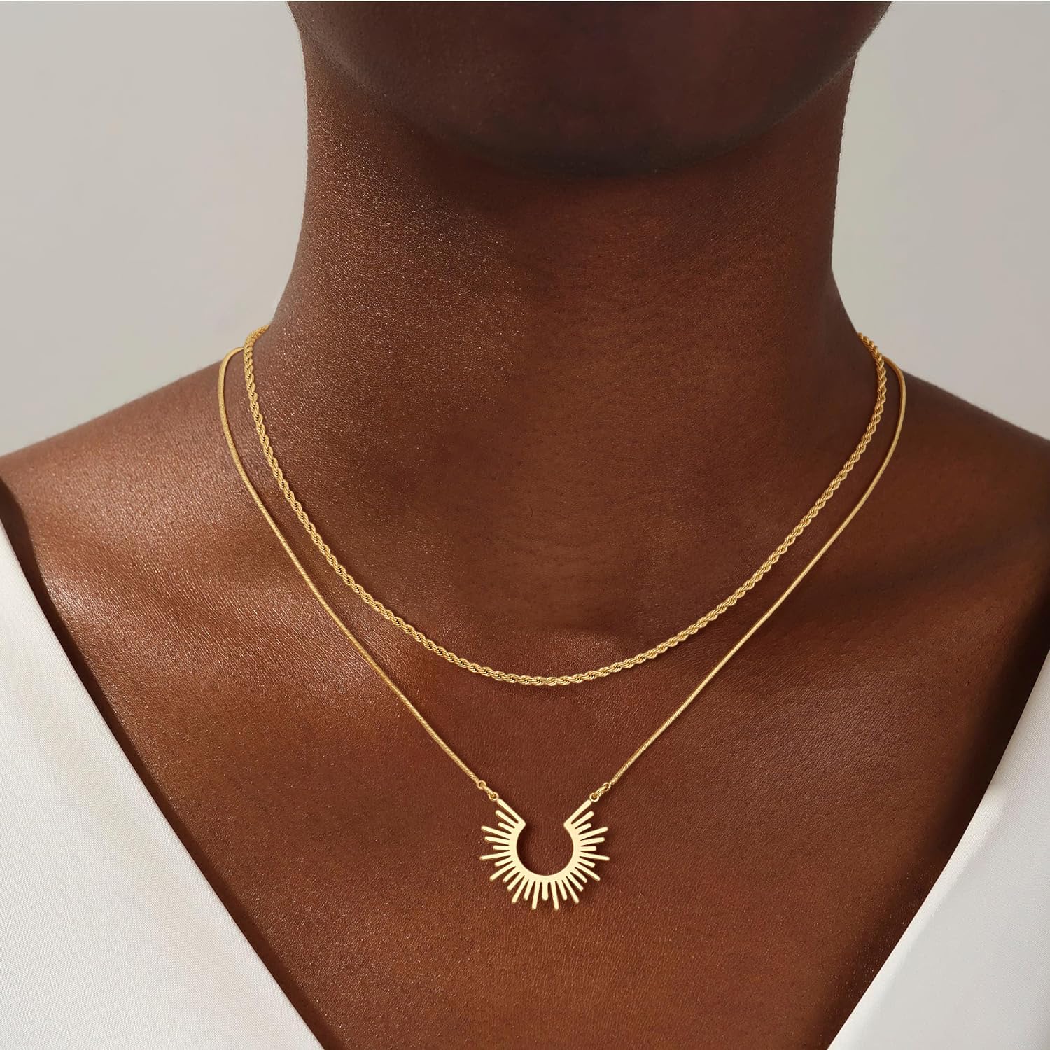 CHESKY Layered Necklaces for Women Trendy, Dainty 14k Gold Plated Pendant Necklace Layering Necklace for Women Non Tarnish Hypoallergenic Sun Gold Necklace Stack Gold Jewelry for Women Gifts