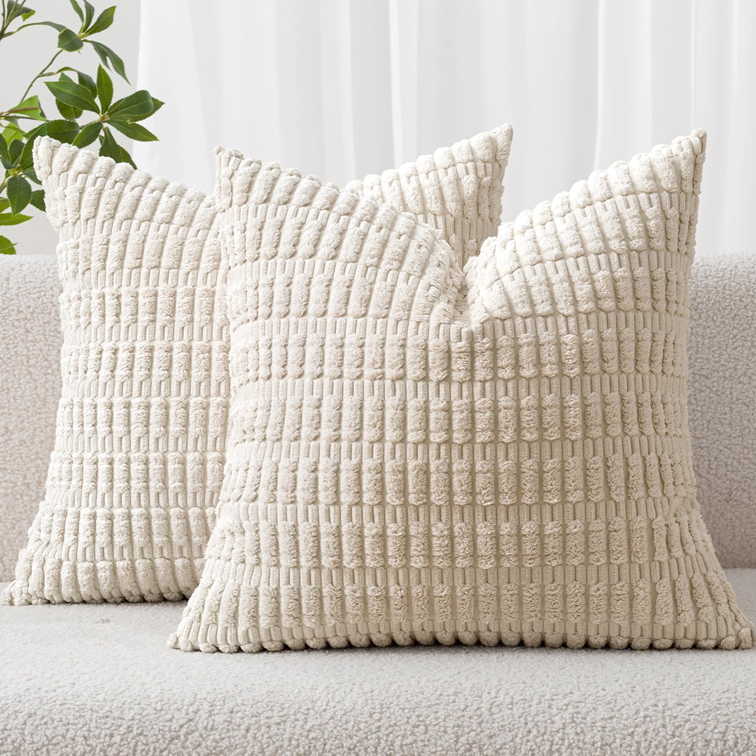 Miulee Pack Of 2 Corduroy Decorative Throw Pillow Covers 18X18 Inch Soft Boho Striped Pillow Covers Modern Farmhouse Home Decor For Sofa Living Room Couch Bed Cream White