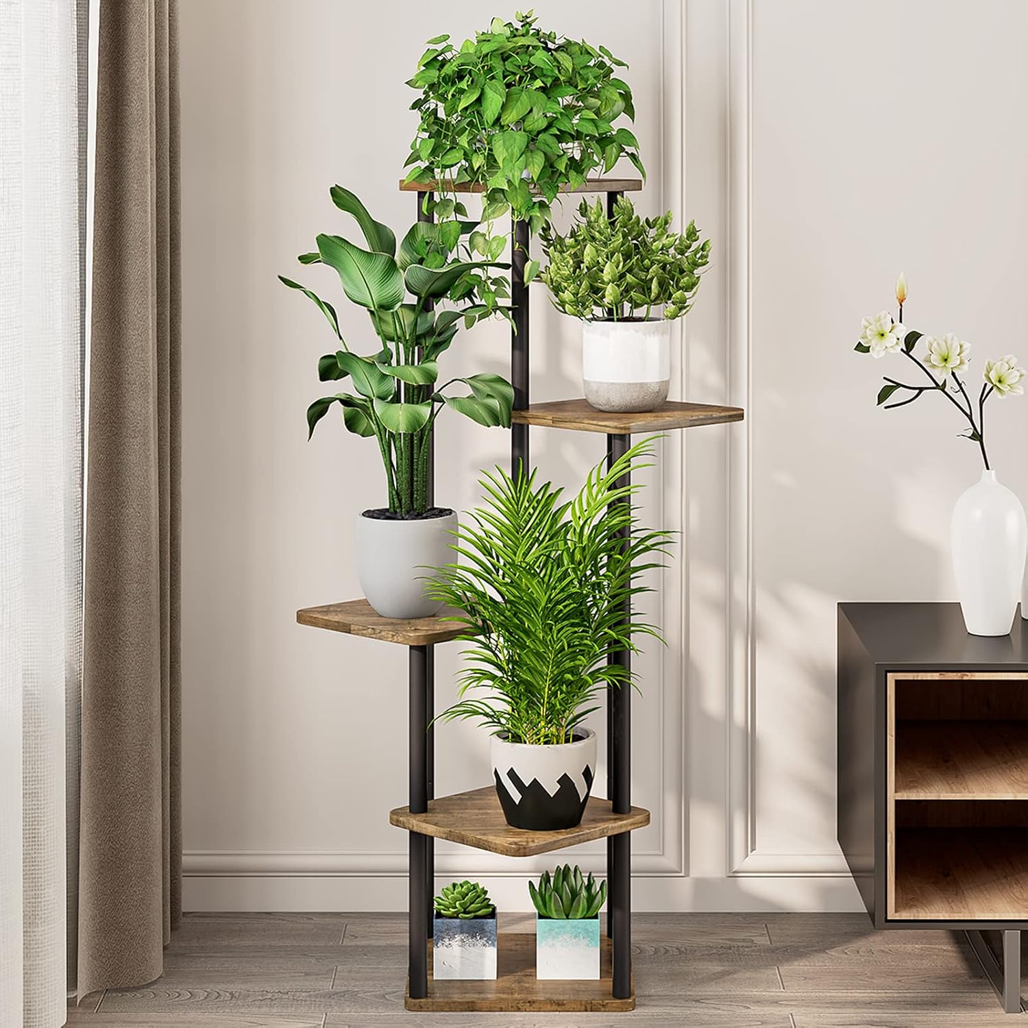 Plant Stand 5 Tier Indoor Metal Flower Shelf For Multiple Plants Corner Tall Flower Holders For Patio Garden Living Room Balcony Bedroom, Black (5 Tier-Black)