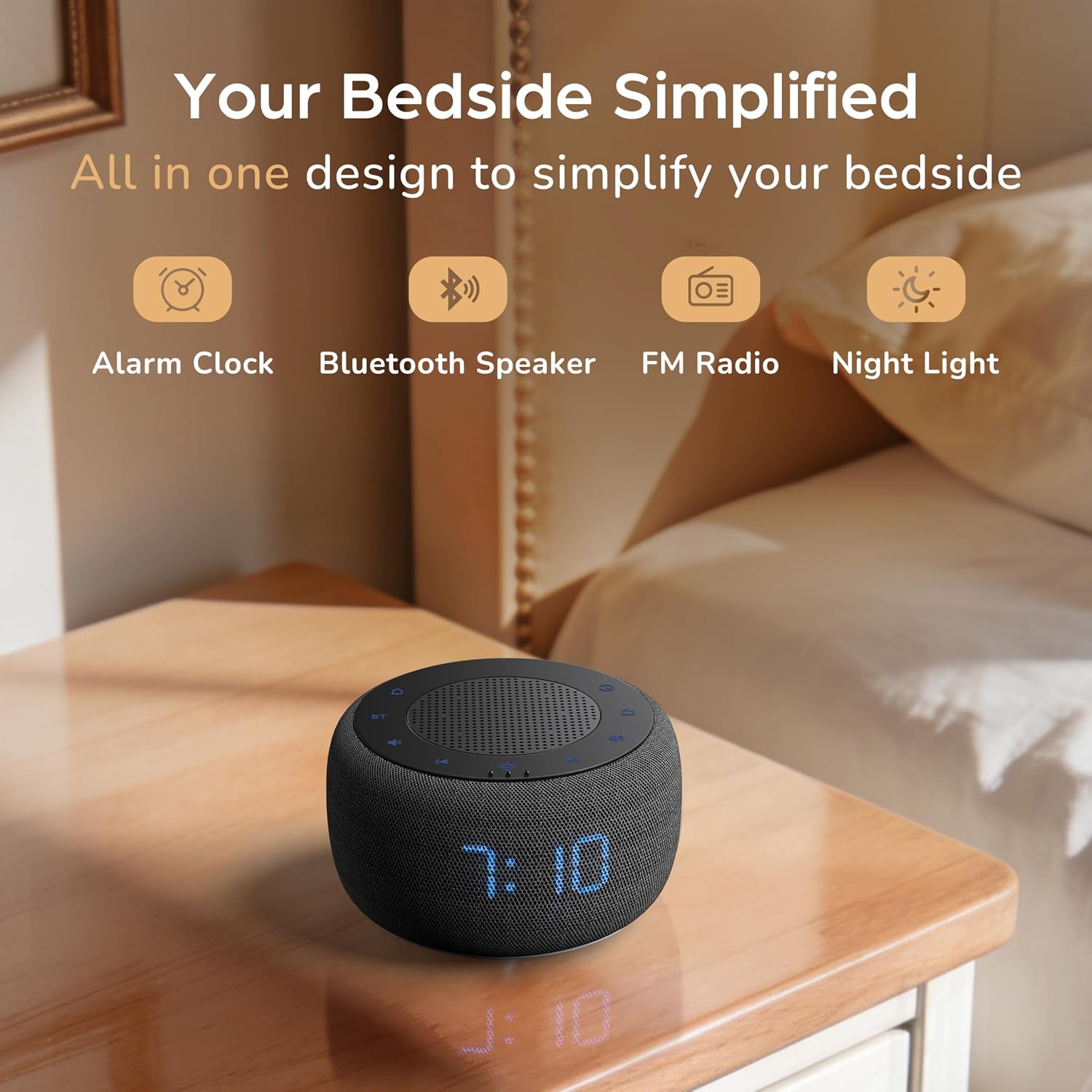 Buffbee Alarm Clock With Bluetooth Speaker & Fm Radio For Bedside – Gradual Wake-Up Sounds, Fully Dimmable Display & Ambient Night Light, Plug-In Digital Clock For Bedroom