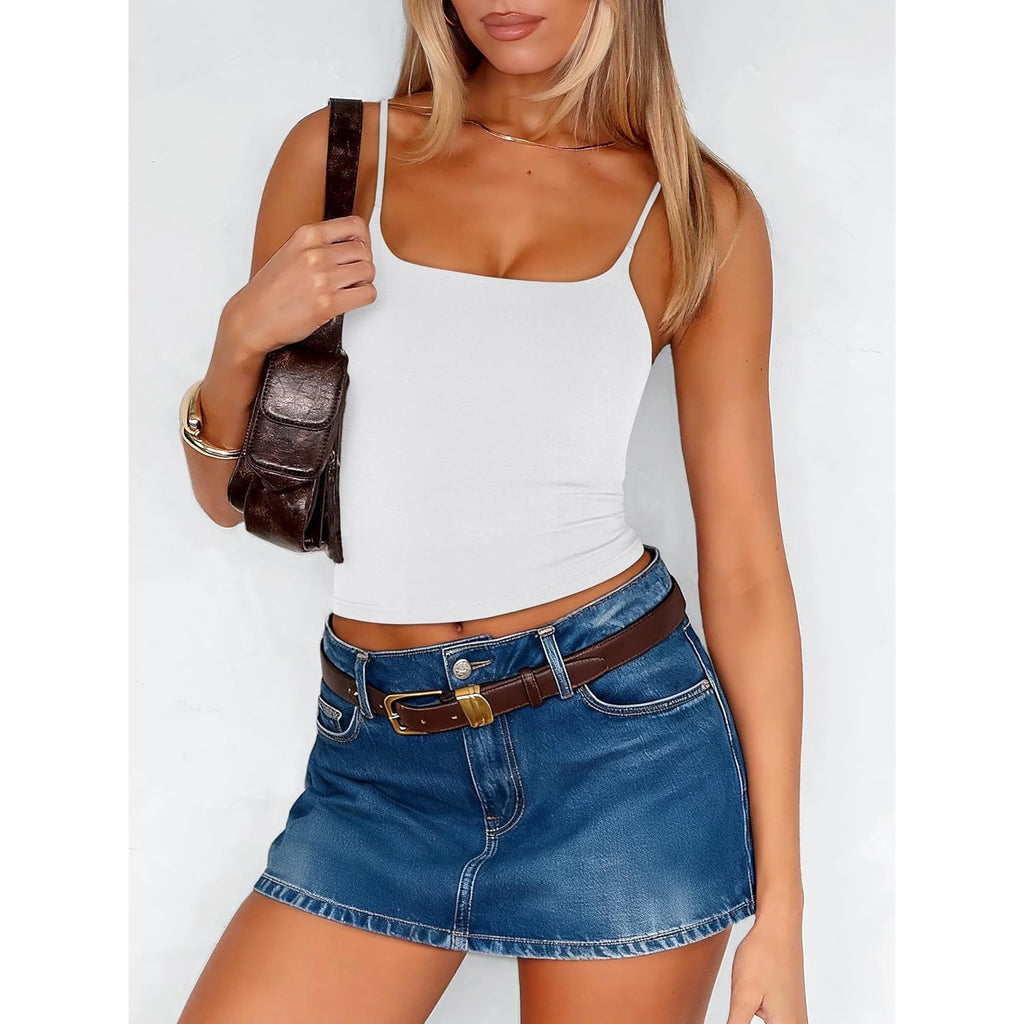 Tank Tops for Women Square Neck Adjustable Spaghetti Strap Double Lined Camisole Tops Summer Basic Cami Shirts