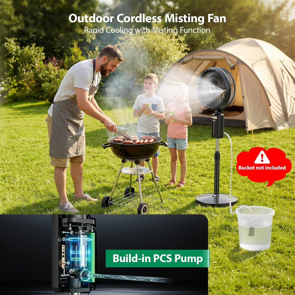 Ausic Outdoor Misting Fan For Patio, 30000Mah Rechargeable Battery Powered Cordless Pedestal Fan, 12" Oscillating Portable Cooling Fan, Standing Fan With Remote Mister