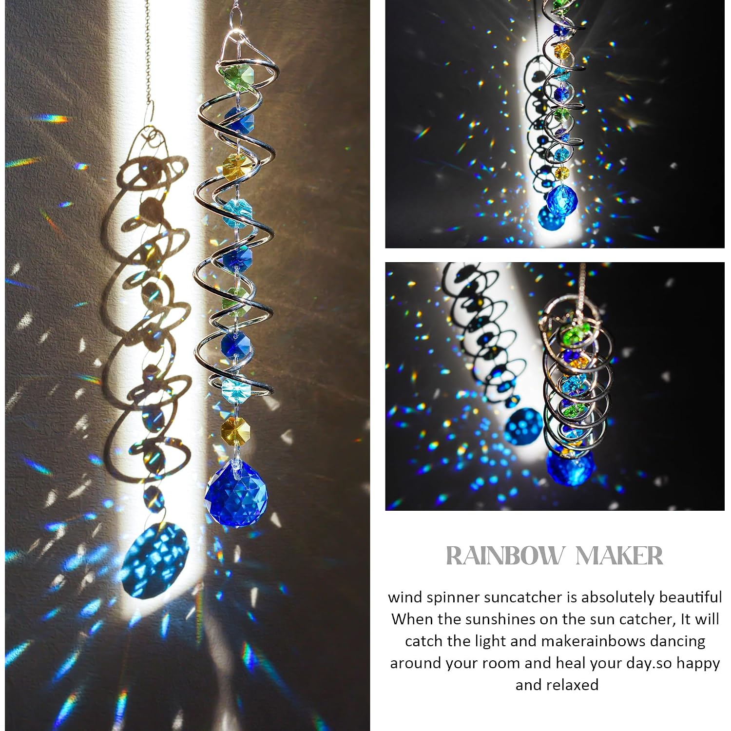 20.5In Sea Blue Crystal Gazing Ball Spiral Wind Spinner Suncatcher | Sea Blue Crystal Gazing Ball Spiral Wind Spinner Rainbow Maker Sun Catcher With Chain For Indoor Outdoor Garden Decor